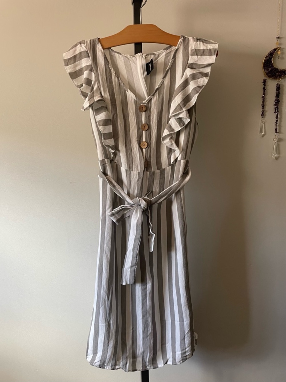 Urbanic Ruffled Striped Belted Mid Dress Front Button French Girl Cottagecore